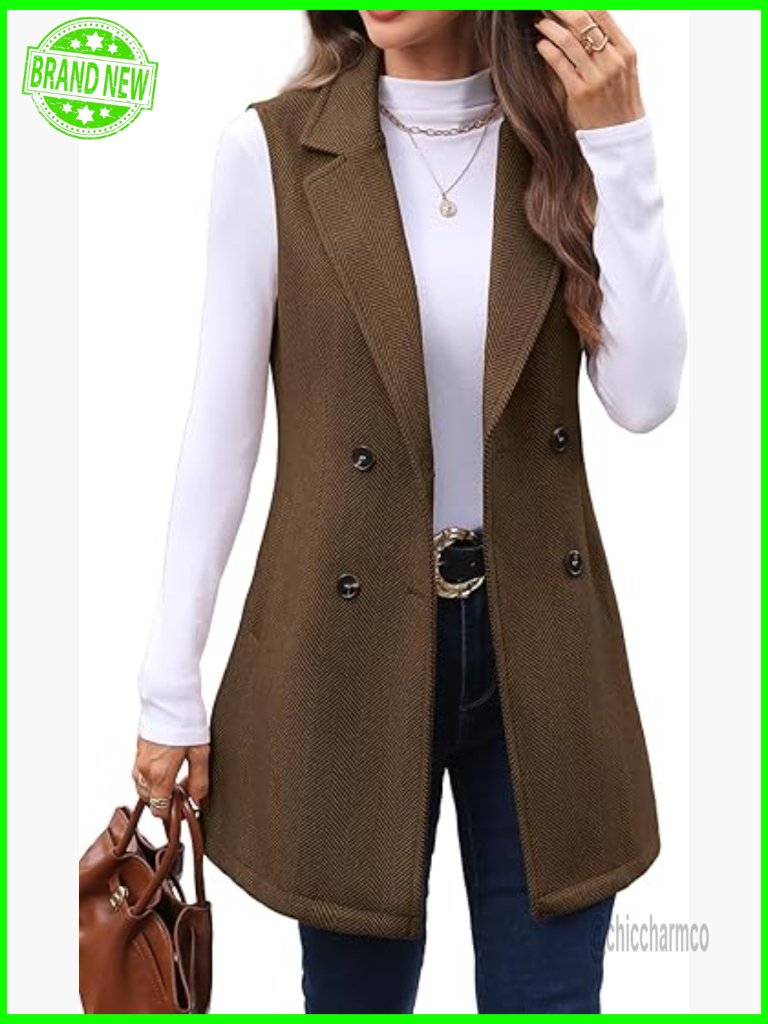 Womens Tweed Long Vest Sleeveless Double Breasted Fall Winter Outerwear Blazer